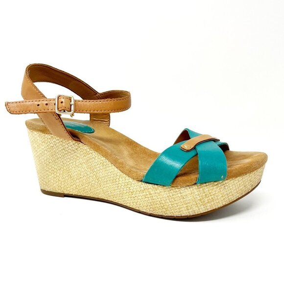 Clarks Shoes - Clarks Artisan Collection Caslynn Regina Wedge Sandal. Turquoise/Tan. Size 8